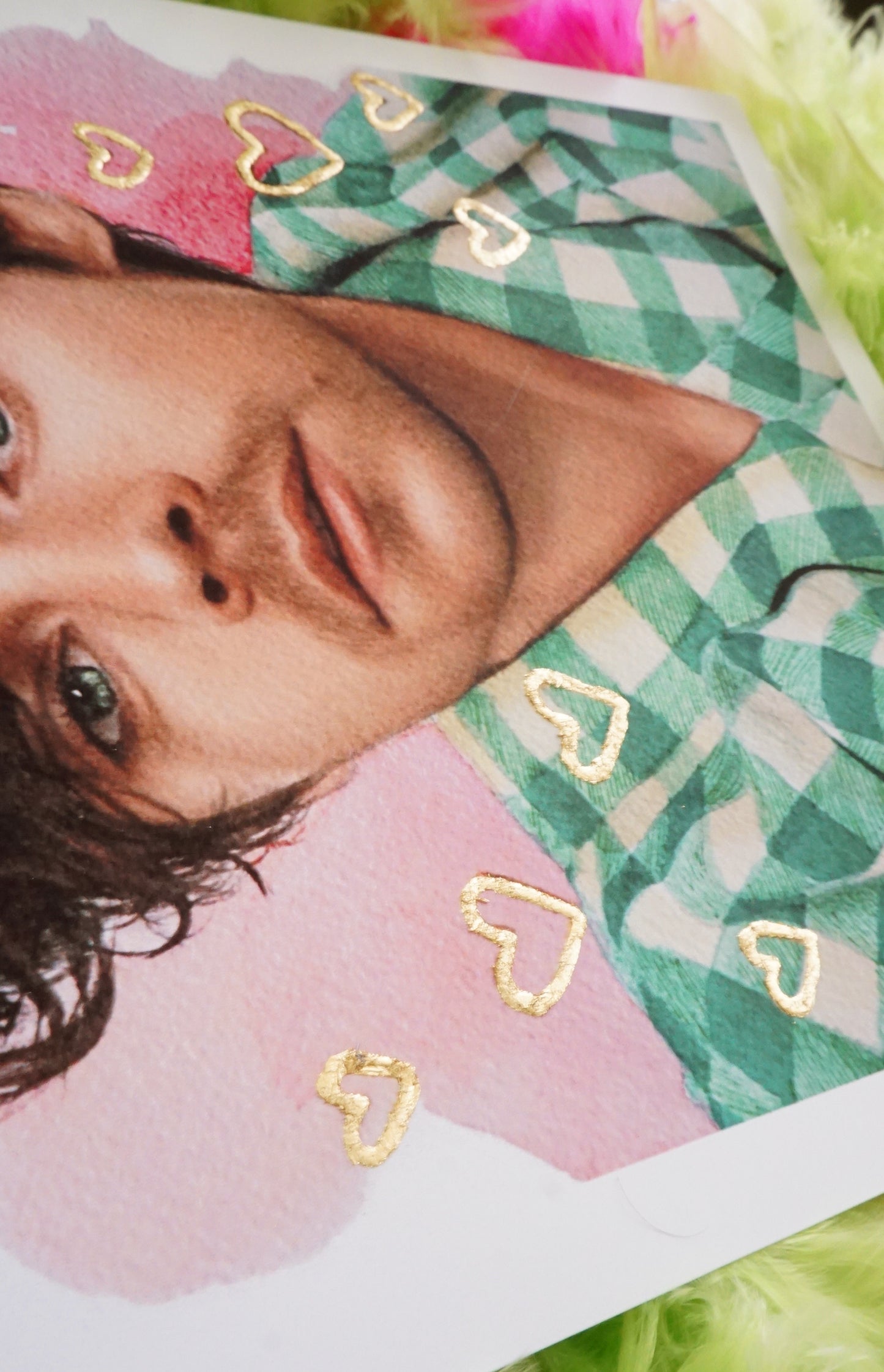 Harry Styles Watercolor Print - Handmade Gold Hearts