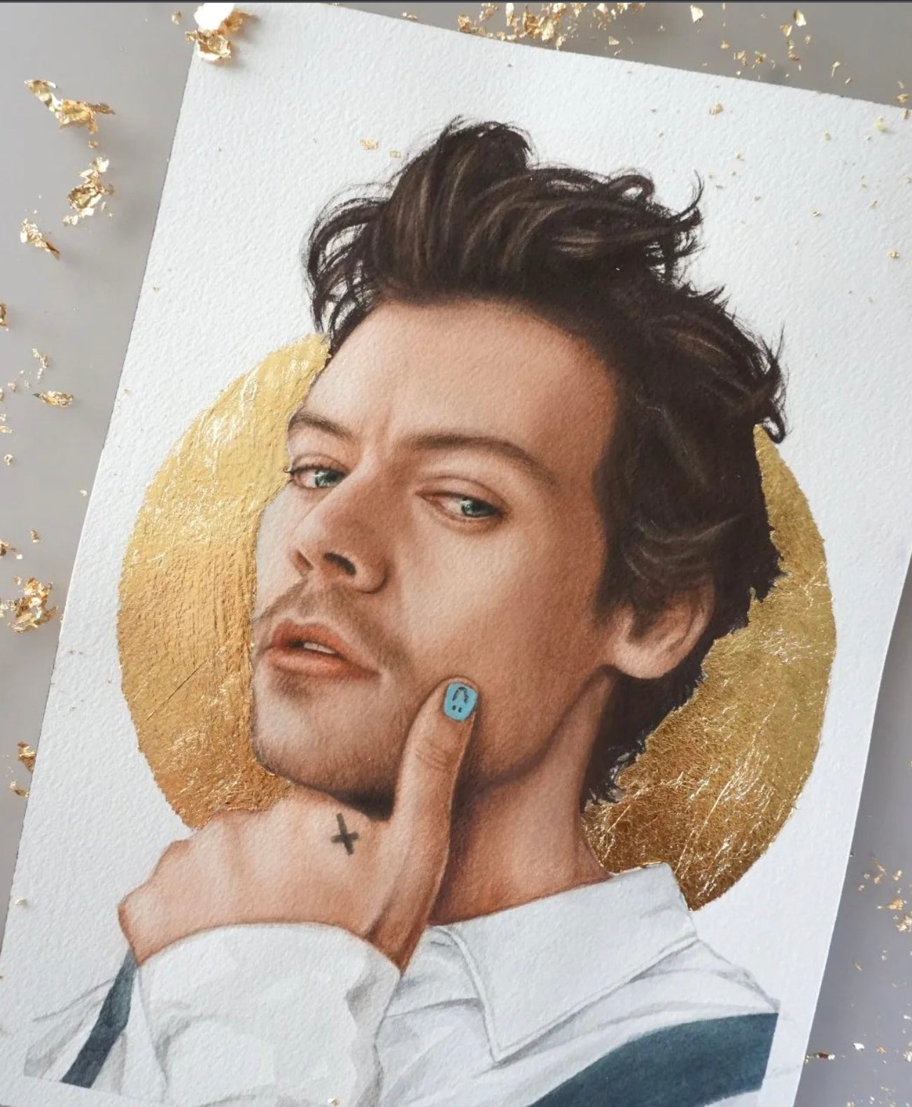 Golden - Harry Styles watercolor painting with gold leaf