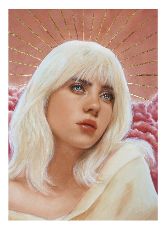 Billie Art Print con destellos dorados - Happier than ever illustration