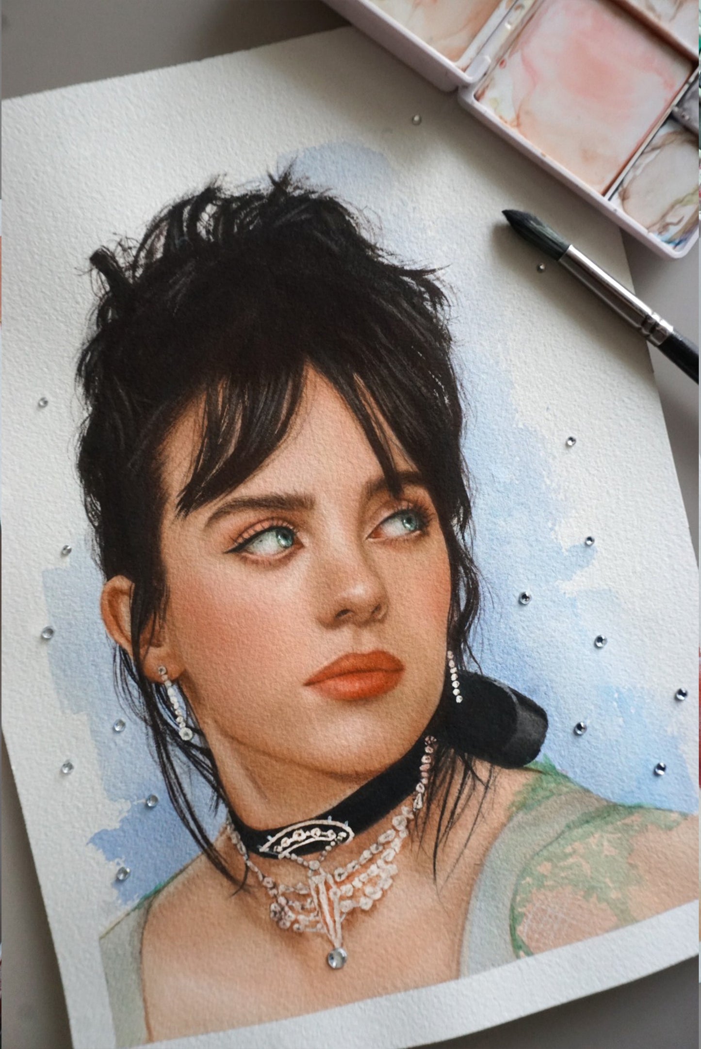Gorgeous Watercolor Billie Eilish painting - with pearl details