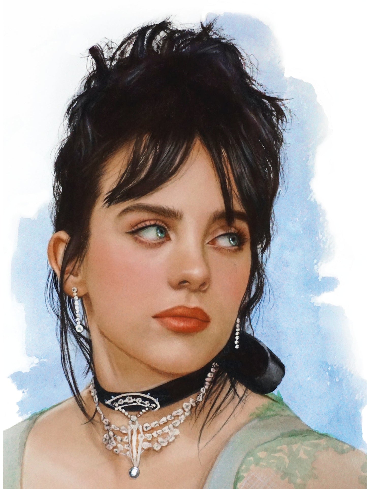 Gorgeous Watercolor Billie Eilish painting - with pearl details