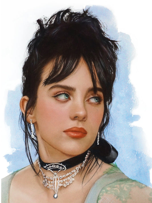 Gorgeous Watercolor Billie Eilish painting - with pearl details