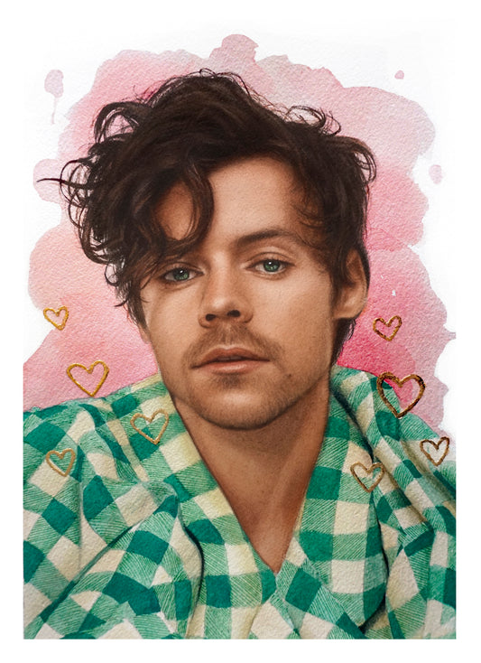 Harry Styles Watercolor Print - Corazones dorados hechos a mano