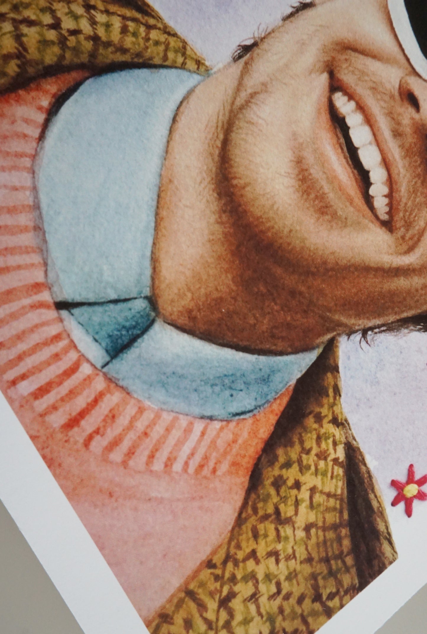 Harry Styles Smiley Watercolor Print - Detalles de flores bordadas